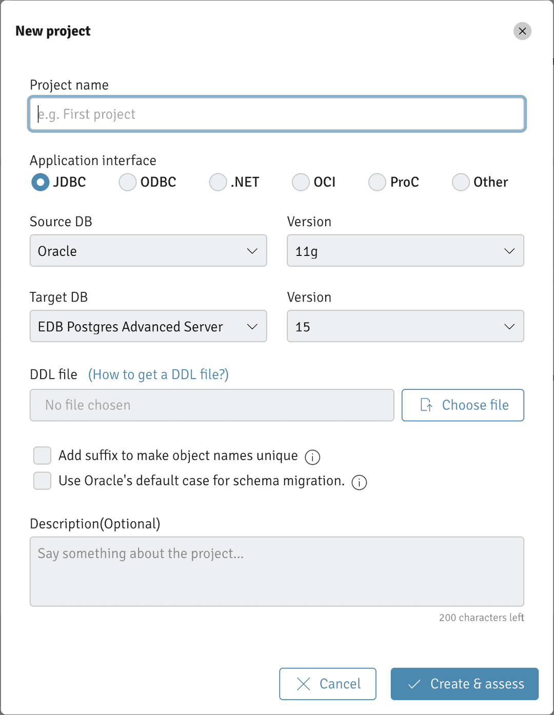 The Migration Portal New project dialog